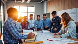 Collaboration in a construction member organization as team members discuss project plans.