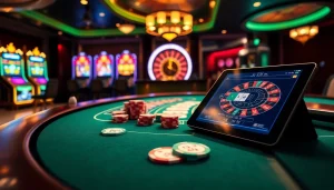 Scène captivante présentant l'excitation au meilleur casino en ligne avec des jetons de poker et des cartes sur une table de blackjack.