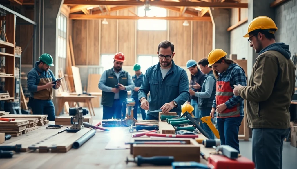 Engaged trainees practicing construction craft training techniques under expert guidance.