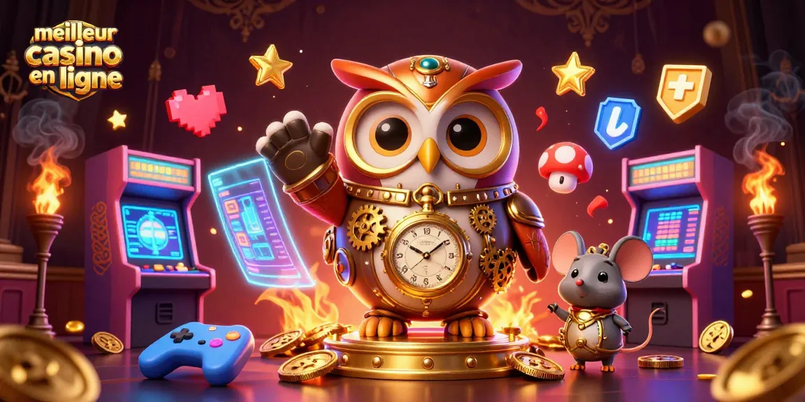 Gagnez au meilleur casino en ligne avec une illustration dynamique d'un hibou et un compagnon.