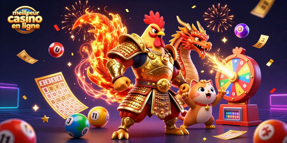 Illustration 3D du meilleur casino en ligne avec un coq guerrier et un dragon, entourés de boules et cartes de tirage.