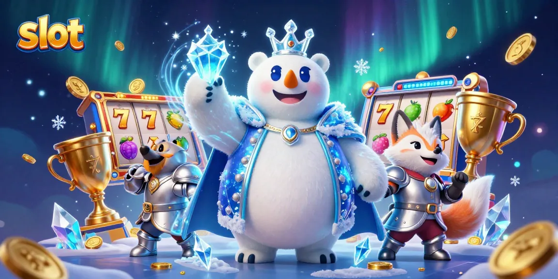 Spin the slot reels with the royal ice king and snow fox for big wins in this enthralling casino scene.