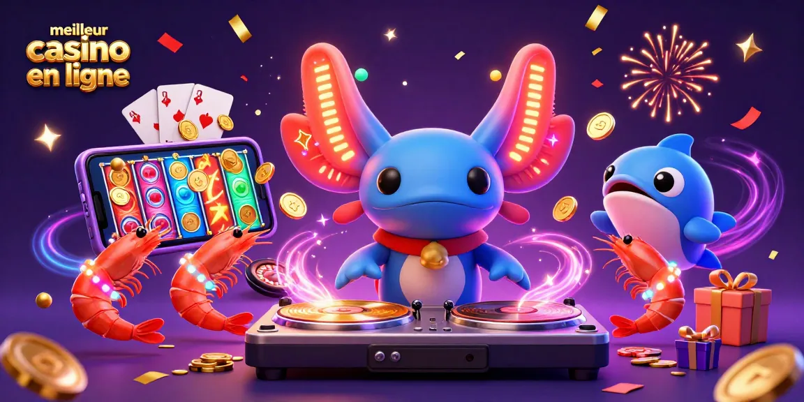 Jouer sur le meilleur casino en ligne avec un DJ axolotl vibrant entouré de jeux éblouissants.