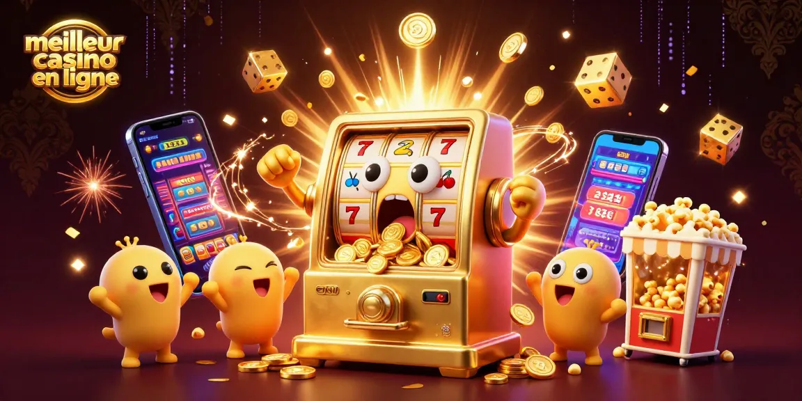 Meilleur casino en ligne avec une machine à sous dorée remportant un jackpot, entourée de machines à sous et de joie.