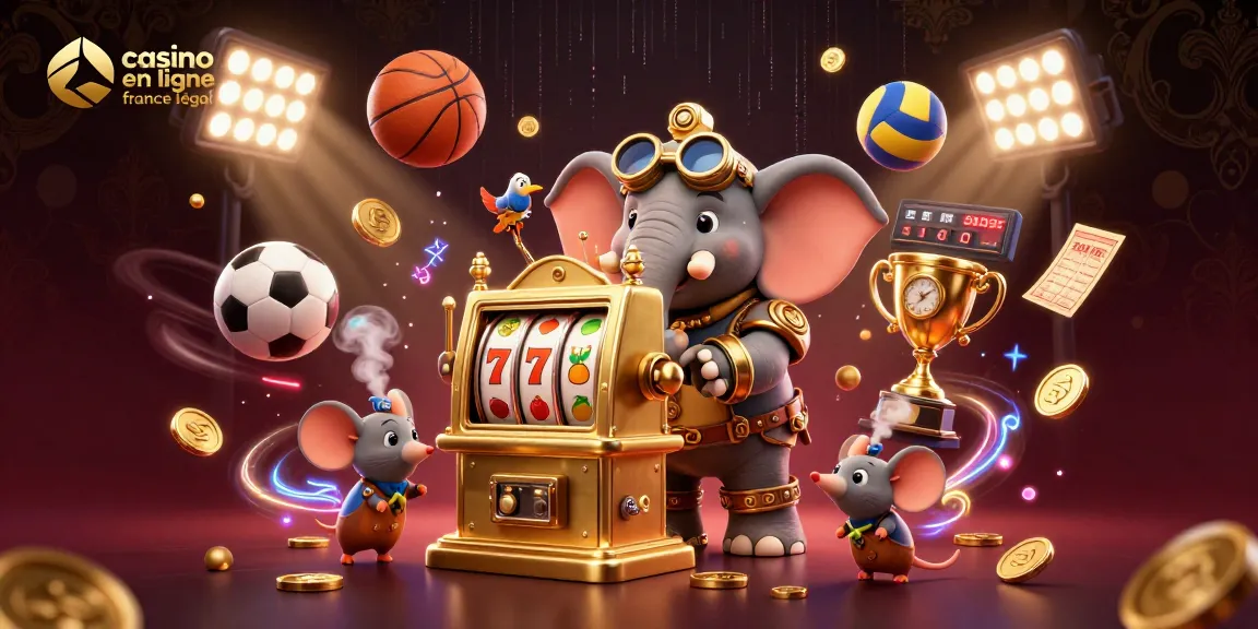 Jouez à casino en ligne France légal avec une illustration dynamique de machines à sous et éléments sportifs.