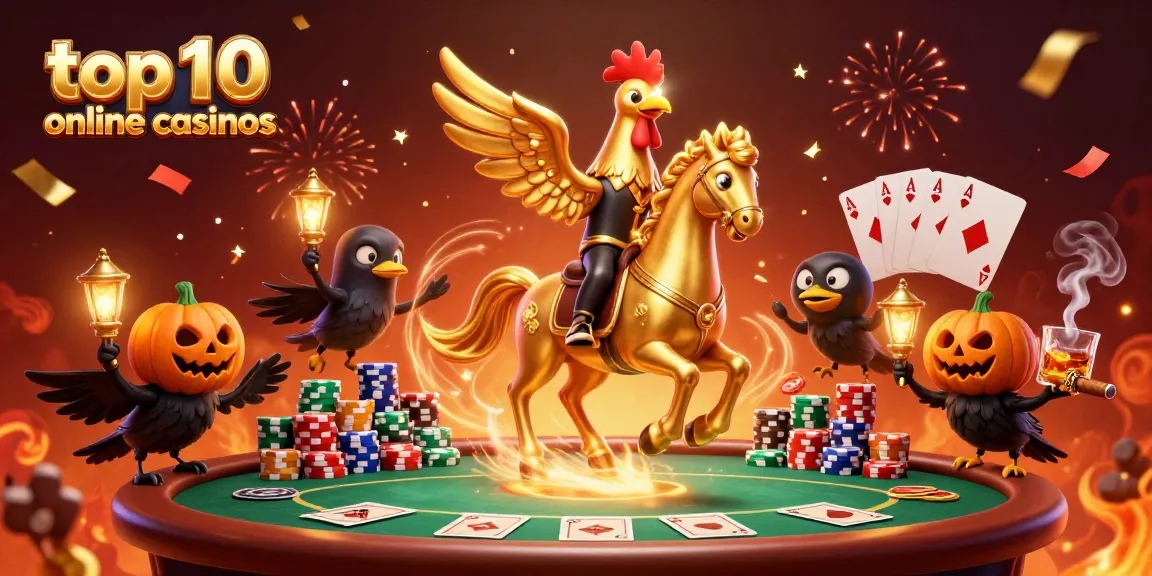 Experience thrilling action at top 10 online casinos featuring a golden rooster and vibrant casino elements.