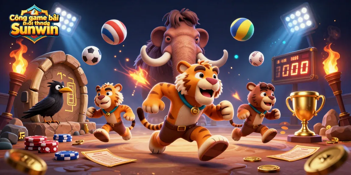 Cổng game bài đổi thưởng Sunwin showcases an extravagant prehistoric casino scene with cartoon characters, sports elements, and dynamic visuals.
