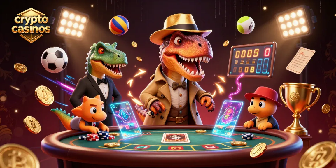 Illustration dynamique de crypto casinos avec un vélociraptor et un pit boss, capturant l'instant du jeu.