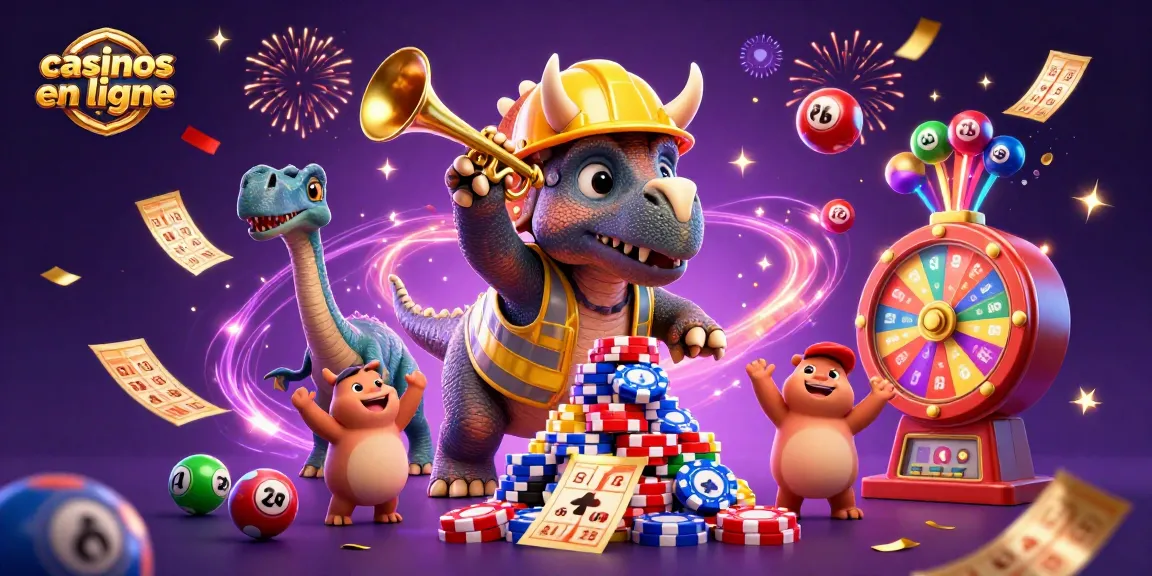 Scène vibrante de casinos en ligne avec des personnages festifs et des éléments de jeux dynamiques.
