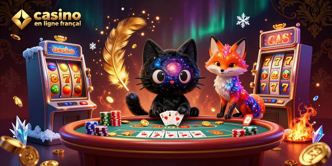 Illustration d'un chat noir gravitationnel dans un casino en ligne français attirant des jetons d'or.