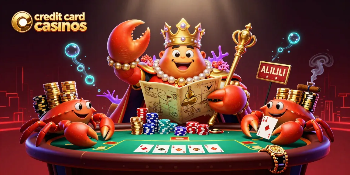 Experience thrilling gameplay at credit card casinos with vibrant poker scene featuring a golden crab emperor.