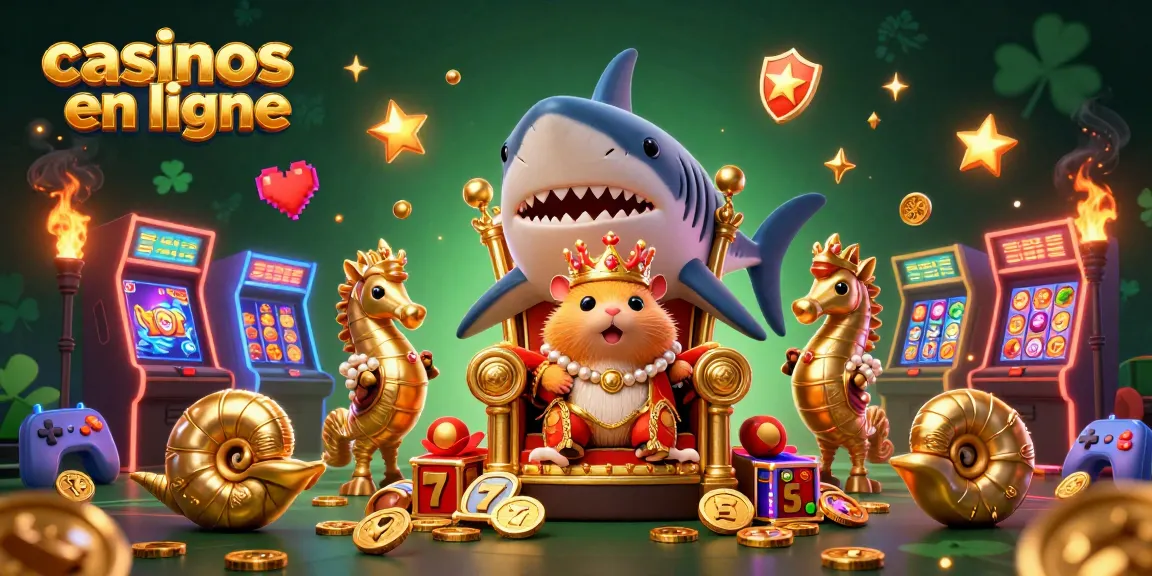 Les casinos en ligne mettent en scène un roi hamster au trône de dent de mégalodon, entouré de machines à sous colorées.