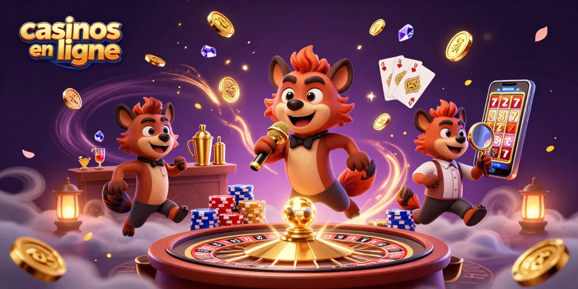 Les casinos en ligne animés avec des hyènes comiques, jetant des pièces d'or et jouant des cartes.