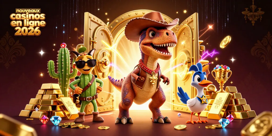 Plongez dans l'univers des nouveaux casinos en ligne 2026 avec un T-Rex cowboy et des trésors scintillants.