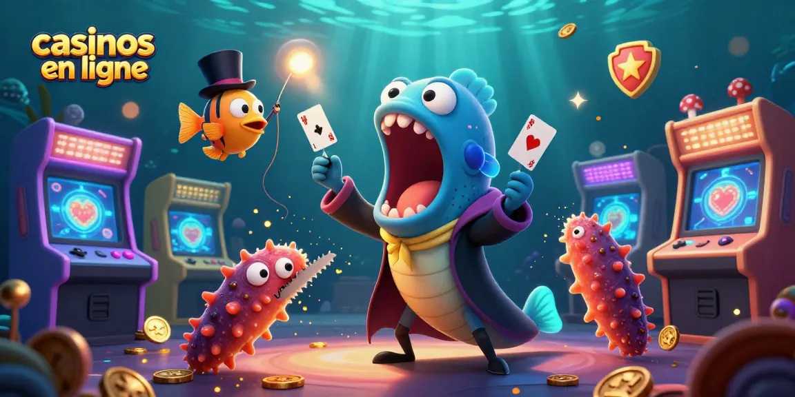 Une image ludique de casinos en ligne avec un poisson-lanterne et un poisson-rouleau dans un acte de magie.