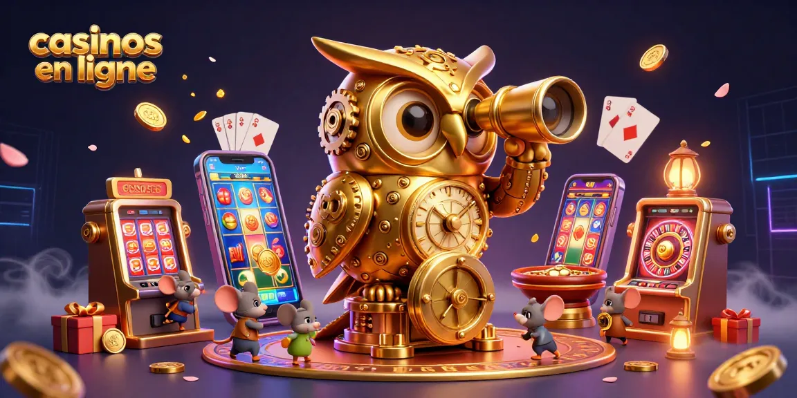 Immergez-vous dans l'univers des casinos en ligne avec un hibou doré et des machines à sous colorées.