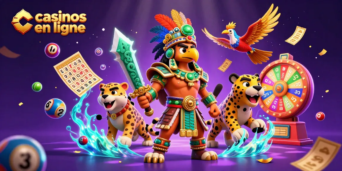 Des quetzals, un aigle aztec et un jaguar explorent les casinos en ligne avec des boules de loterie et des cartes.