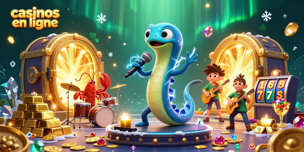 Illustration dynamique représentant des personnages de casinos en ligne avec un poisson électrique DJ entouré d'un groupe dans une ambiance festive sous-marine.