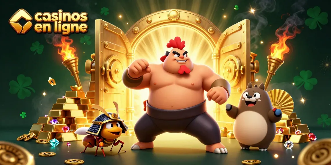 Gagnez avec casinos en ligne grâce à une illustration vibrante d'un combat de sumo avec un coq et un criquet.