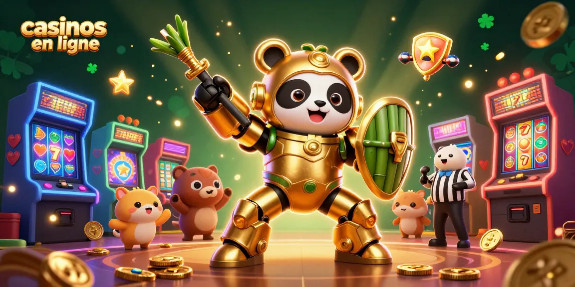 Illustration dynamique de casinos en ligne avec un panda doré pilotant un robot de combat dans une arène festive.