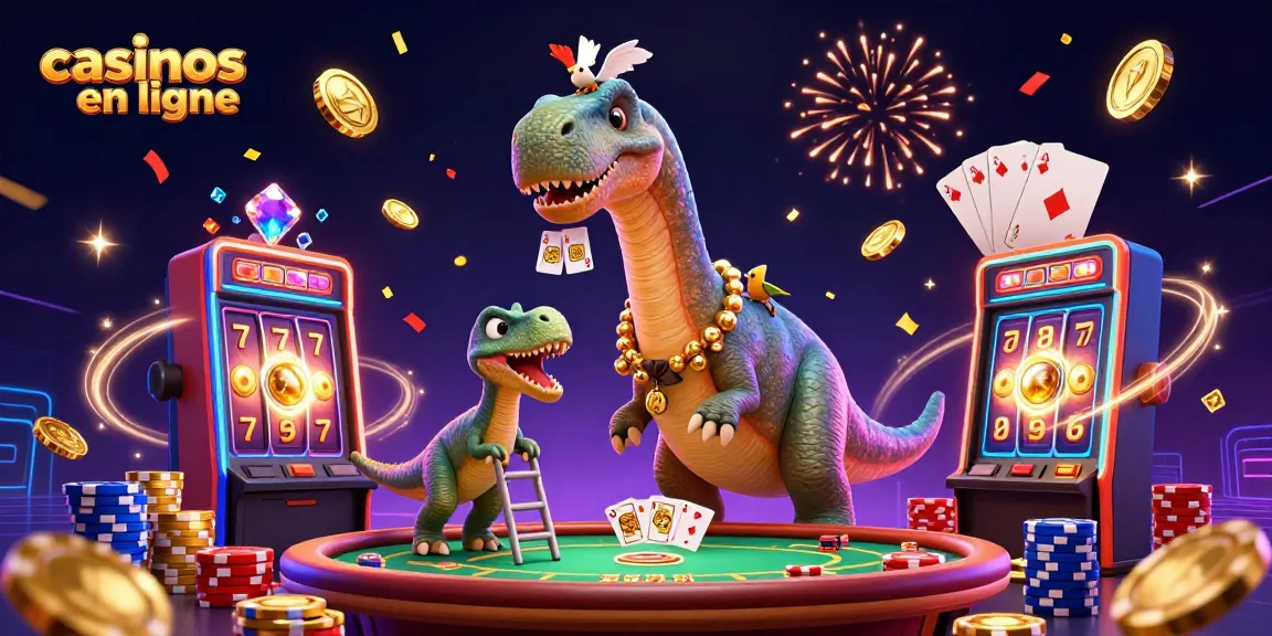 Illustration captivante de casinos en ligne avec un brontosaure, des jetons de poker et des machines à sous.