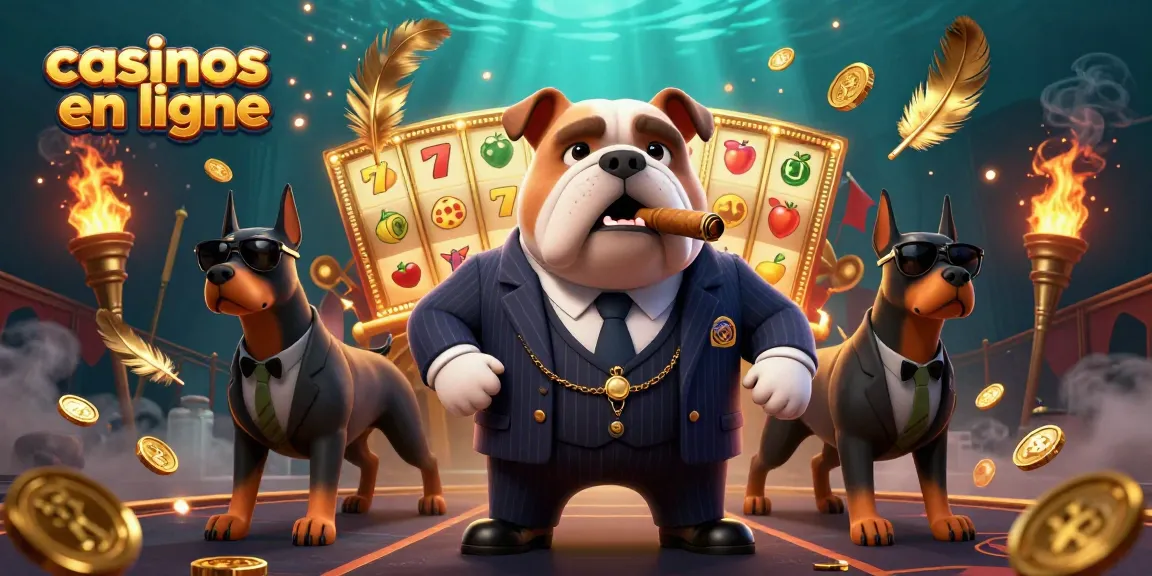 Visuellement captivante illustration 3D des casinos en ligne avec un bulldog chef de mafia et des éléments de jeu dynamiques.