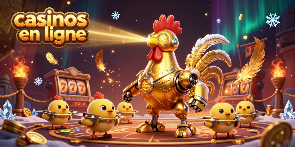 Comprenez les casinos en ligne avec une illustration dynamique mêlant robots roux et coins dorés à travers une scène de jeu immersive.