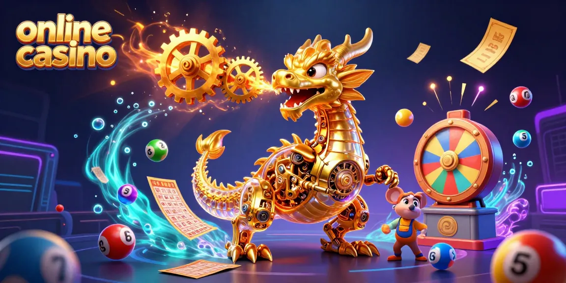 Experience the thrill of an online casino with a golden dragon and vibrant lottery elements
