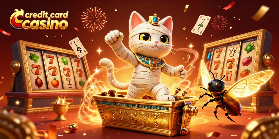 Experience the excitement of a credit card casino with a vibrant scene featuring a mummy cat and gold-themed elements.