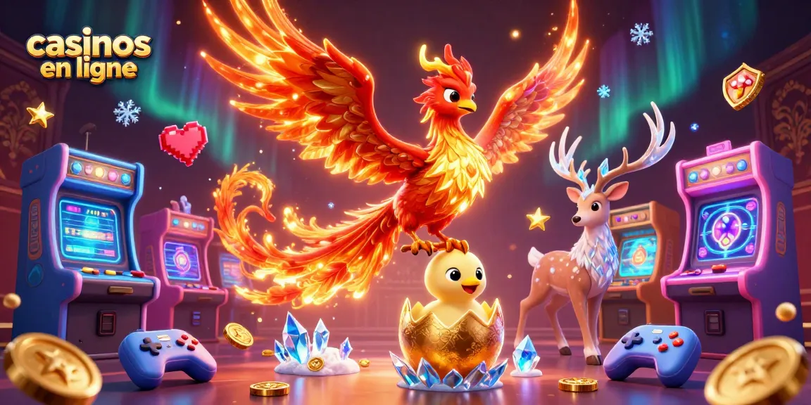 Visualisez des casinos en ligne avec un phoenix flamboyant et des éléments ludiques.