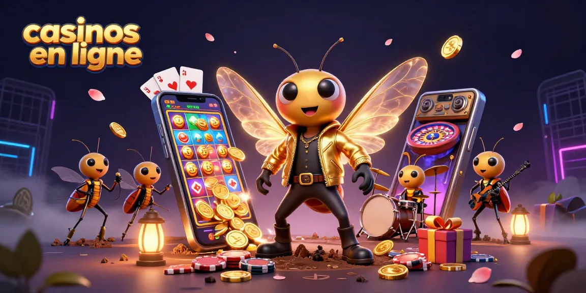 Jouez dans les casinos en ligne avec une illustration vibrante de cicadas, de jeux et de jackpots.