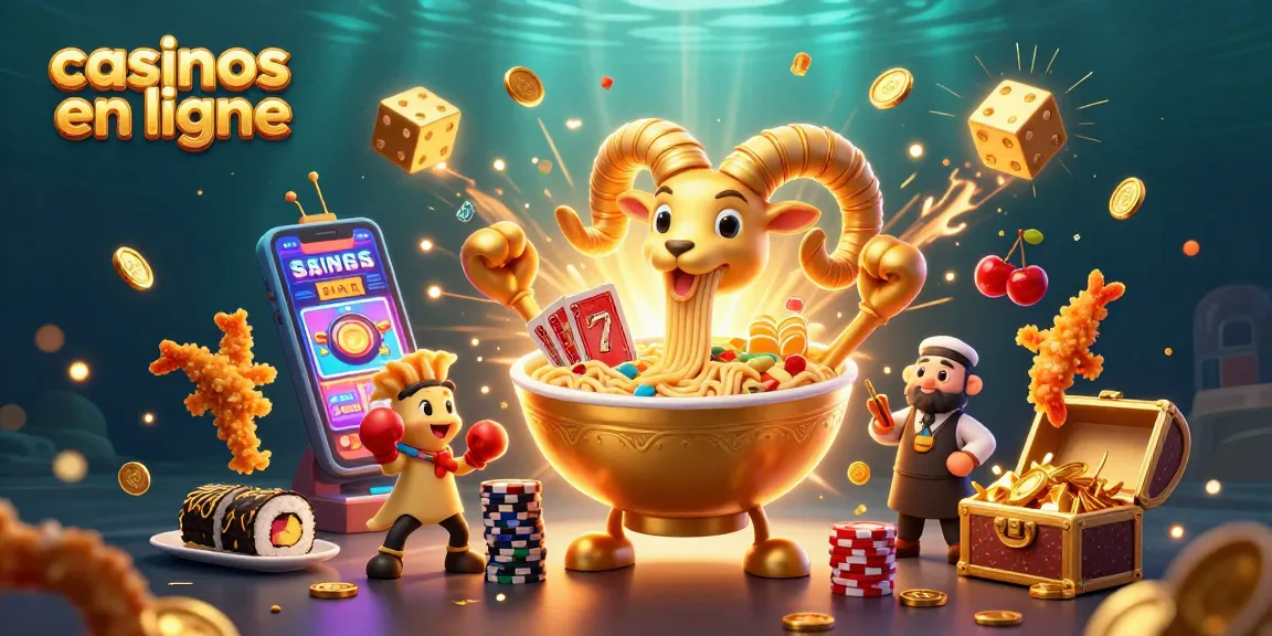 Illustration vibrante de casinos en ligne mettant en scène un bol de ramen doré et des personnages ludiques en action.