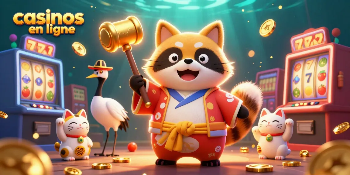 Explore les jeux des casinos en ligne avec un tanuki chanceux et des machines à sous colorées.