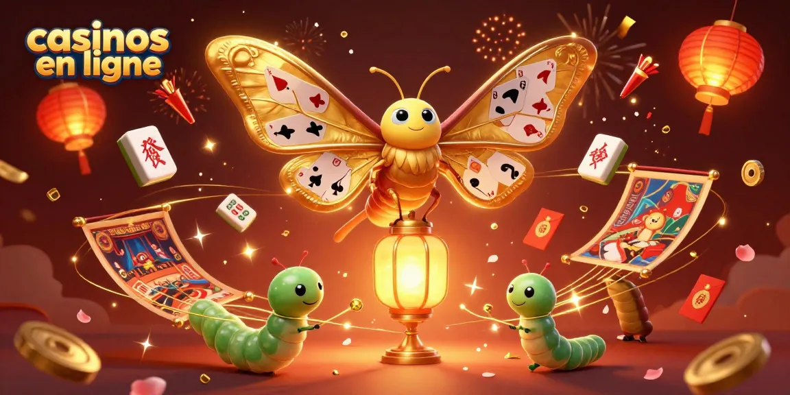 Illustration d'un papillon atlas doré représentant des casinos en ligne, entouré d'éléments de jeu captivants.