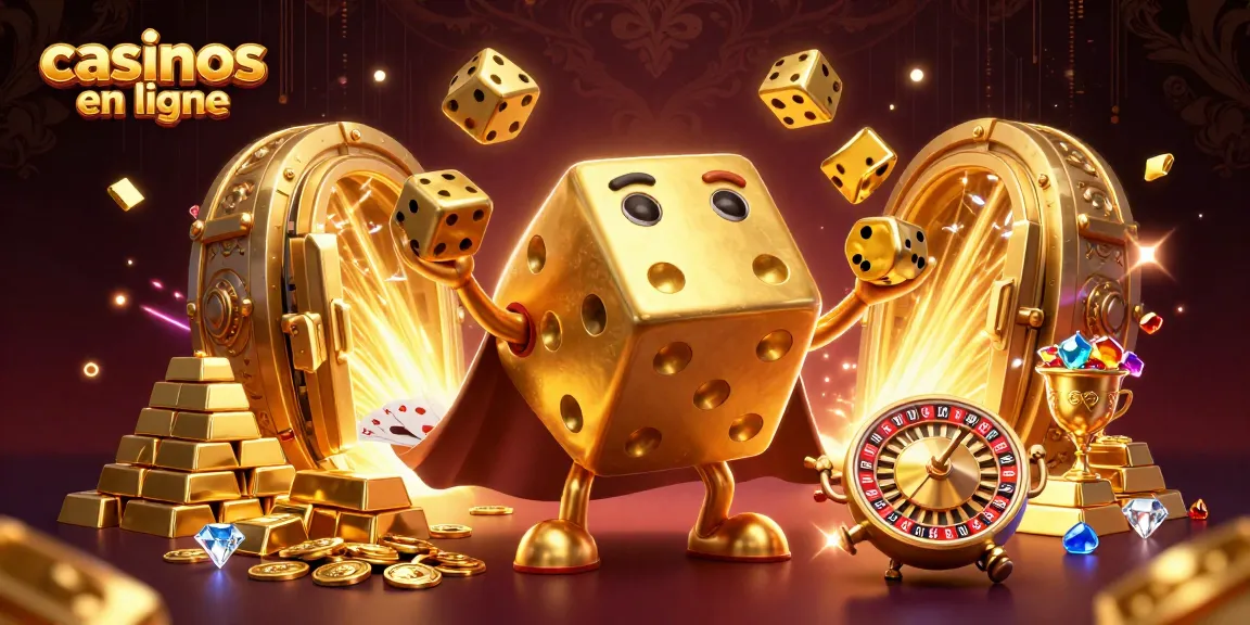 Profitez des casinos en ligne avec une scène dynamique de dés dorés et des trésors étincelants.