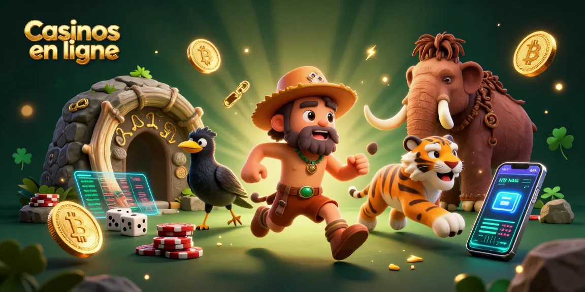 Illustration dynamique des casinos en ligne avec un homme préhistorique et un tigre à dents de sabre jouant aux dés.