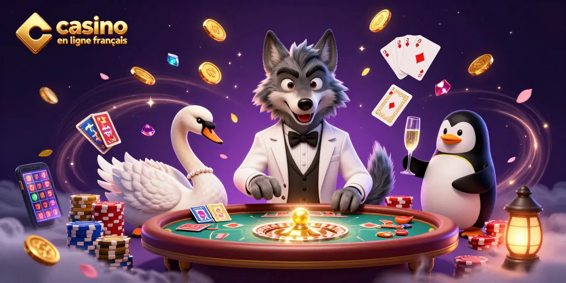 Une scène animée représentant un casino en ligne français avec un loup élégant, un cygne dealer, et un pingouin sommelier.