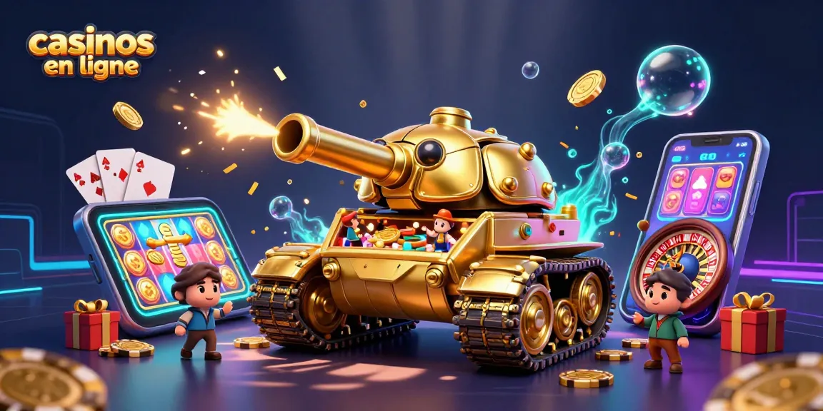 Découvrez des casinos en ligne captivants avec cette illustration d'un tank en forme de scarabée doré dévoilant un casino miniature.