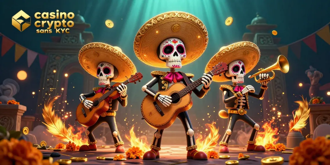 Une illustration 3D colorée mettant en scène un groupe de mariachi jouant à un casino crypto sans KYC, entouré d'effets spéciaux.