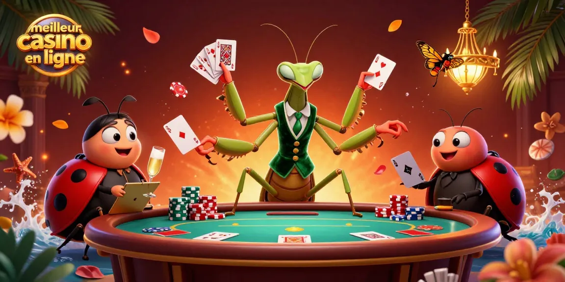 Illustration d'un meilleur casino en ligne avec des êtres animés et des jeux de cartes interactifs.