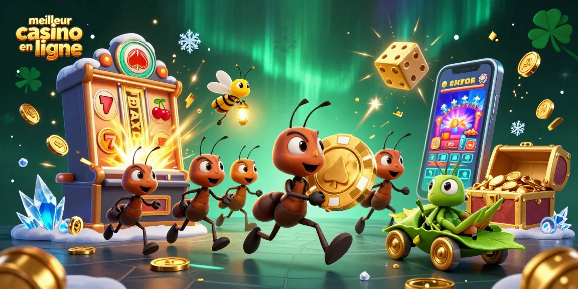 Illustration dynamique présentant le meilleur casino en ligne avec des fourmis transportant une puce de poker dorée.